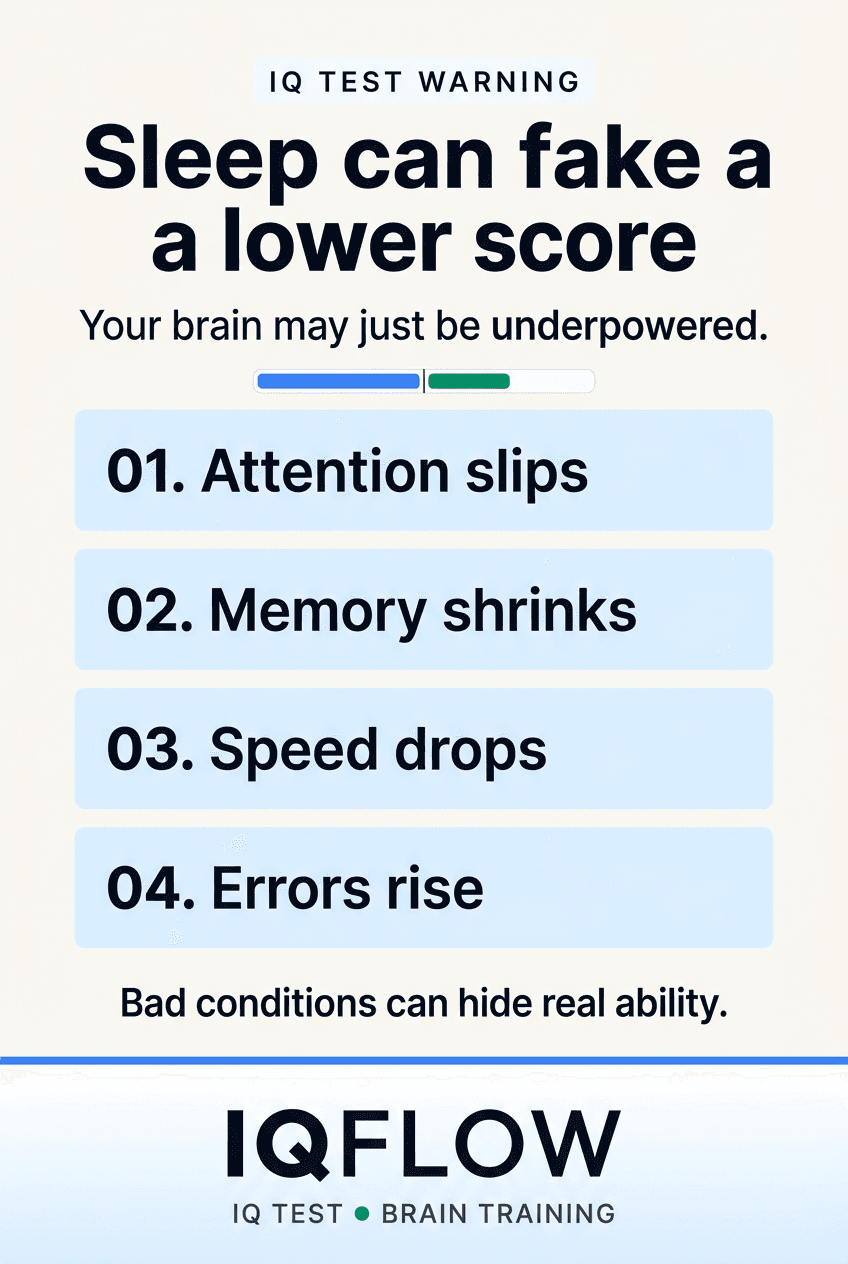 IQFlow Pinterest pin explaining how poor sleep can affect IQ-style test performance.